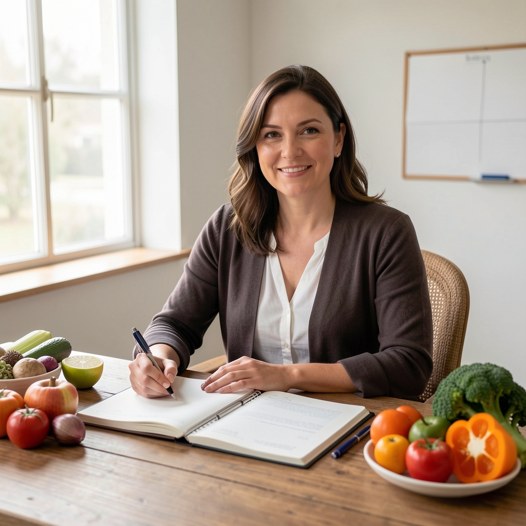 Qualified nutrition specialist seated at a wooden desk with open notebooks, seasonal produce references, and natural window light in a calm studio environment