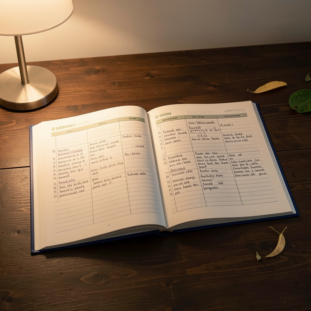 Open nutrition journal with handwritten meal records and seasonal produce lists on a dark wooden desk
