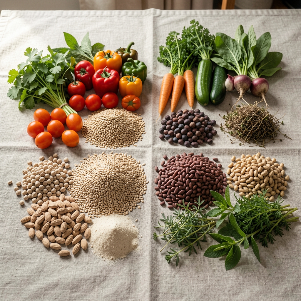 Spread of seasonal vegetables, wholegrains, legumes, and fresh herbs arranged in separate sections on a large linen-covered surface in natural daylight