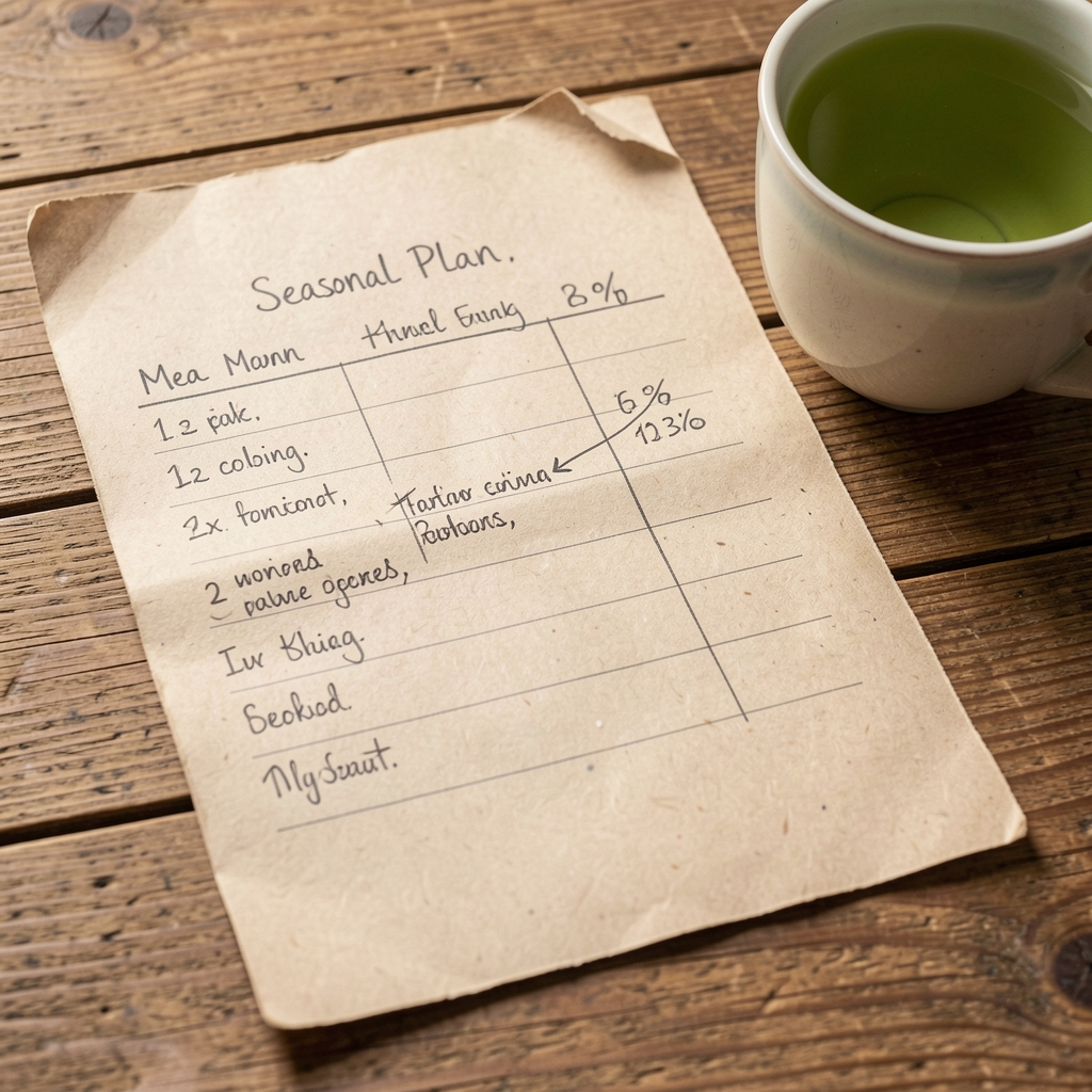 Hand-written seasonal meal plan document on recycled paper with pencil annotations and a green tea cup beside it on a wooden surface