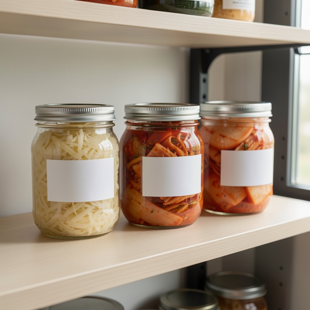 Open glass jars containing fermented vegetables including sauerkraut and kimchi on a clean kitchen shelf with labels