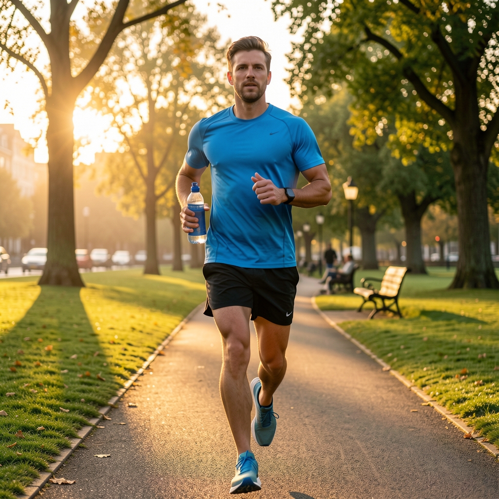 Runner on a London park path at dawn with a water bottle, representing active lifestyle nutrition planning context